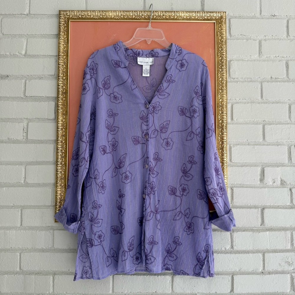 Vintage Susan Graver Purple Floral Embroidered Cotton Blouse Swim Cover Up Large